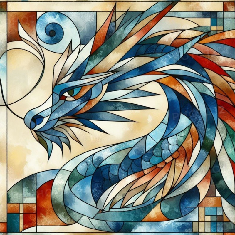 Dynamic abstract mosaic of a dragon with geometric patterns in blue and orange, square aspect, AI generated