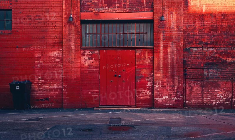 A smaller red door within a shadowed section of a red brick industrial wall AI generated
