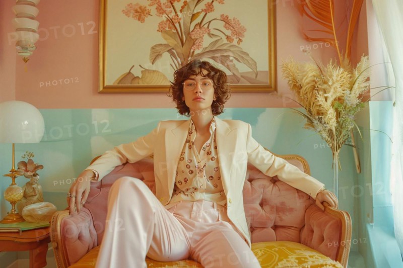 Fashion-forward individual in a pastel retro setting with styled hair and vintage appeal, AI generated