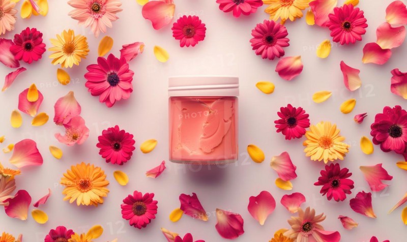 Creme jar blank mockup adorned with flower petals in various hues AI generated