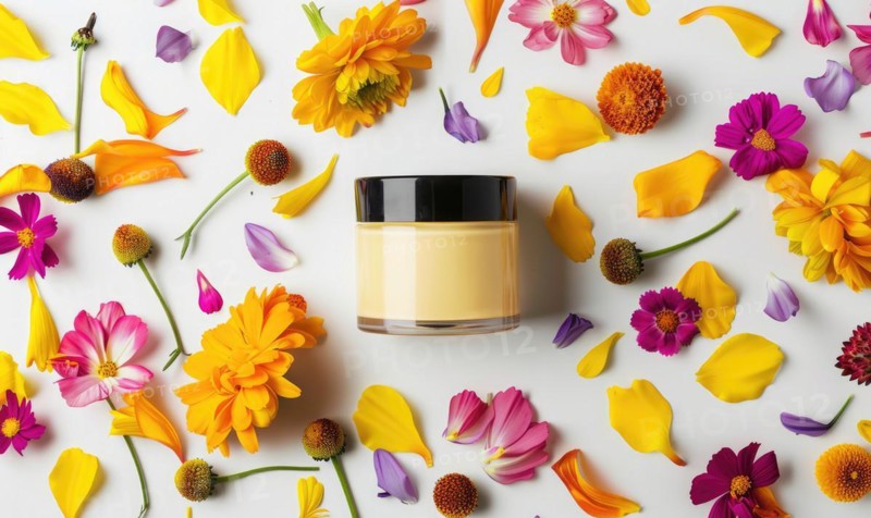 Creme jar blank mockup adorned with flower petals in various hues AI generated