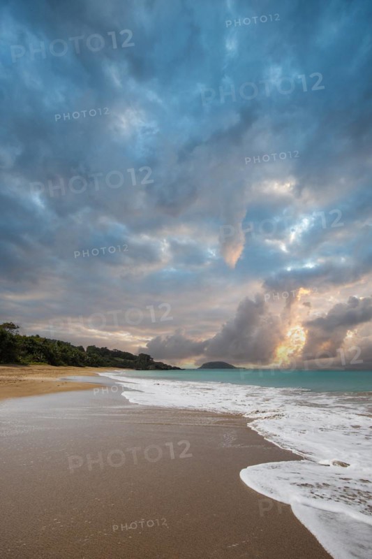 Lonely, wide sandy beach with turquoise-coloured sea. Tropical plants in a bay at sunset in the Caribbean. Plage de Cluny, Basse Terre, Guadeloupe, French Antilles, North America