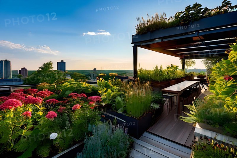 Urban rooftop garden brimming with verdant plants blossoming flowers embodying a sustainable city, AI generated