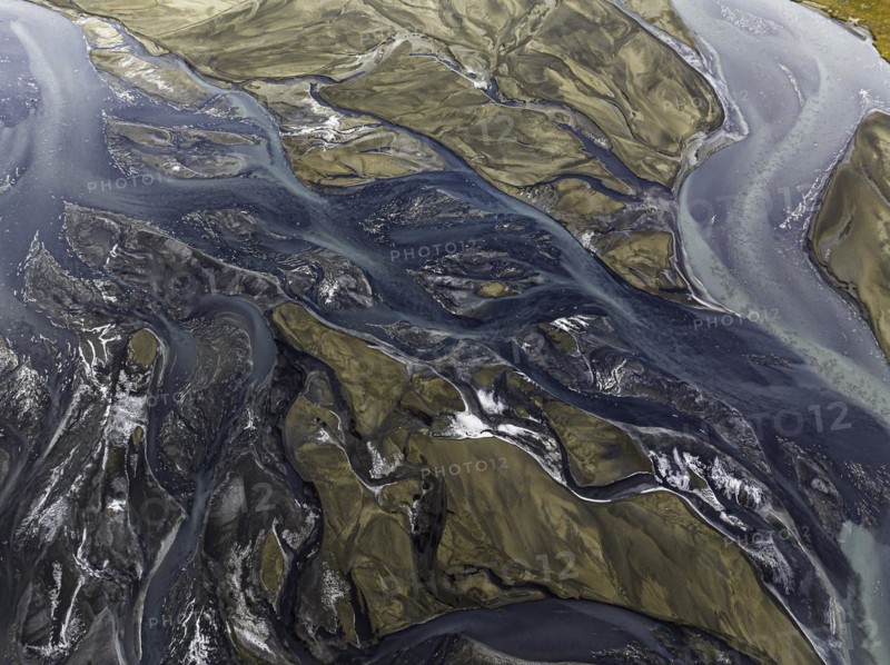 Overgrown river landscape, Eldhraun, near Kirkjubaejarklaustur, drone image, Sudurland, Iceland, Europe