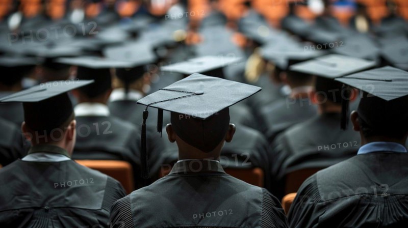 A rear view of graduates in caps and gowns attending a formal academic graduation ceremony in university campus, AI generated