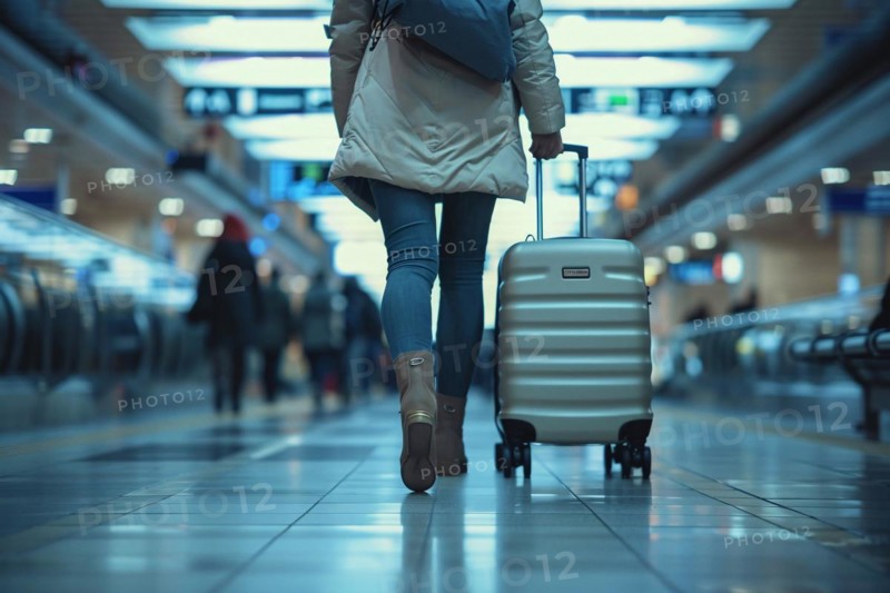 Rear view of traveler with suitcase walking through an airport corridor, AI generated