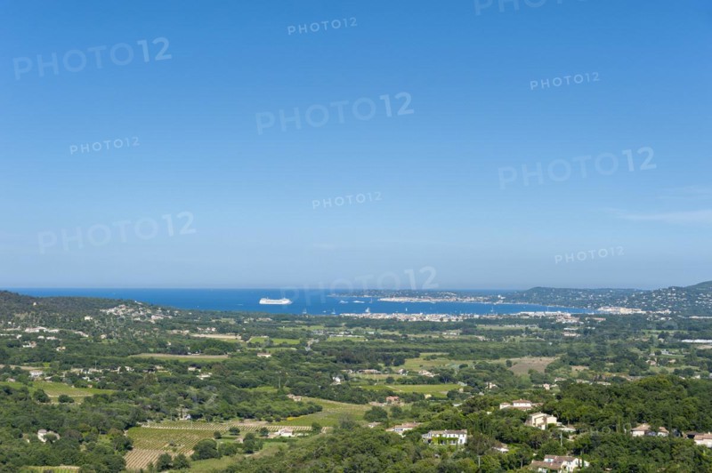 Landscape with view of the Gulf of Saint-Tropez from Grimaud Castle, Grimaud-Village, Var, Provence-Alpes-Cote d'Azur, France, Europe