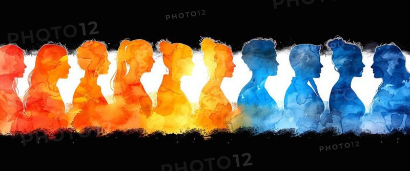 Contrasting dual-tone silhouettes in warm and cool colors arranged in a line, banner 3:1 wide style, horizontal aspect ratio, AI generated