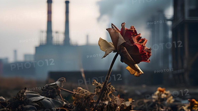 Wilted flower against a backdrop of industrial smokestacks, AI generated