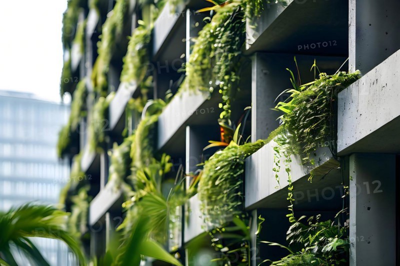 Building facade bio concrete seamlessly interlaced with living plants, AI generated