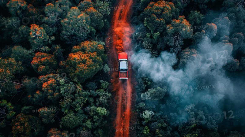 A red SUV driving on a misty dirt red muddy road surrounded by a dense green forest, action sports photography, AI generated