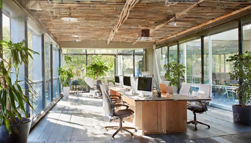 Office with glass facade and warm wooden elements in a naturally sunlit space, Symbol office, AI generated, AI generated
