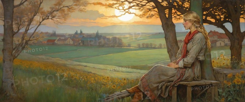 A woman sits on a bench, overlooking sunflowers and a village at sunset, AI generated