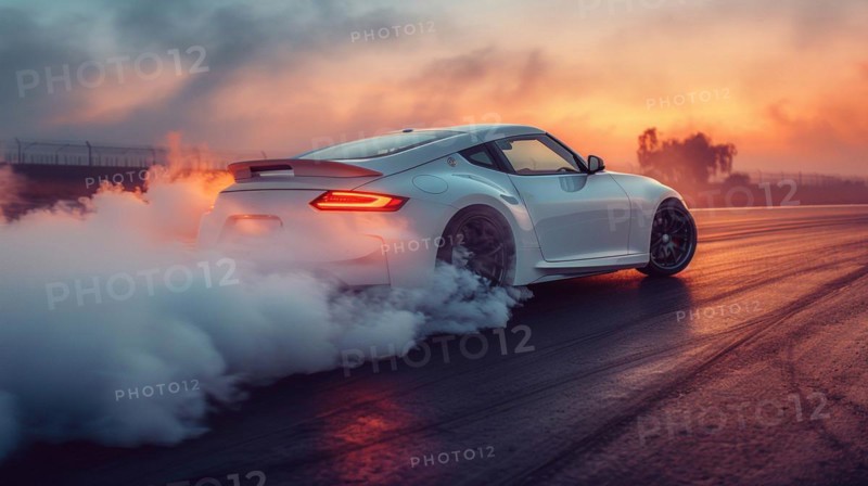 White sports car doing a burnout on a racetrack at sunset, AI generated