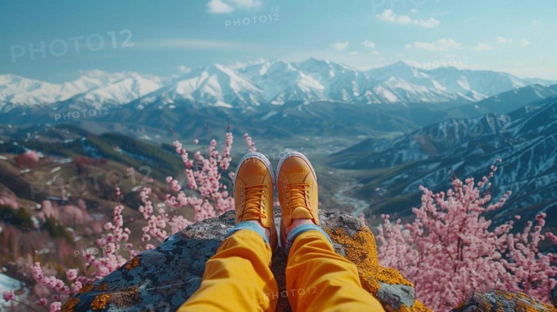 A traveler rests high above, with feet clad in bright yellow against a backdrop of spring mountains, AI generated