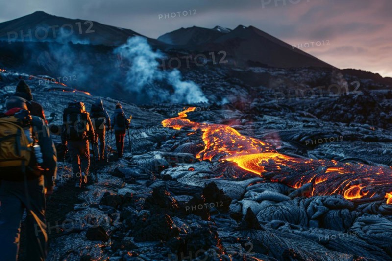 Tourists, hiking group, expedition, onlookers on the way to an active volcano, surrounded by hot, partially cooled lava flows, symbolic image for volcano tourism, disaster tourism, travel trends and the associated dangers, AI generated, AI generated, AI generated