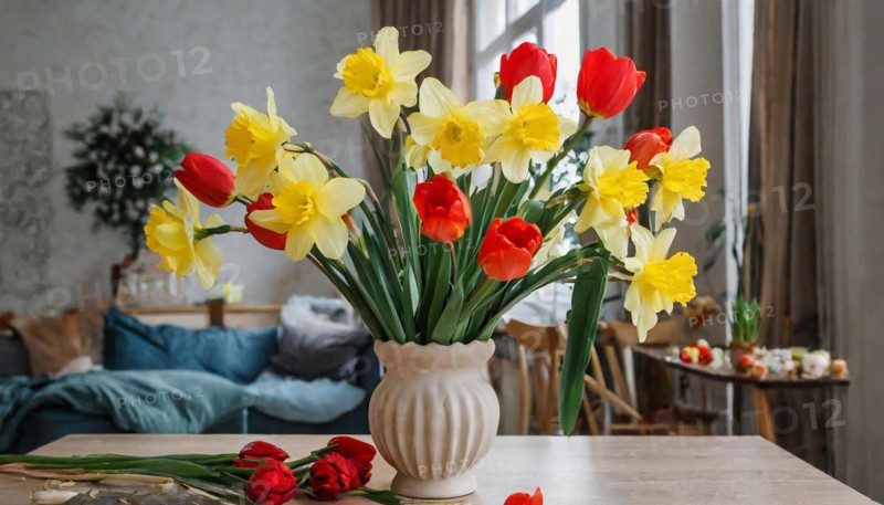 A large bouquet of yellow daffodils and red tulips in a vase stands on the table in the flat, AI generated, AI generated