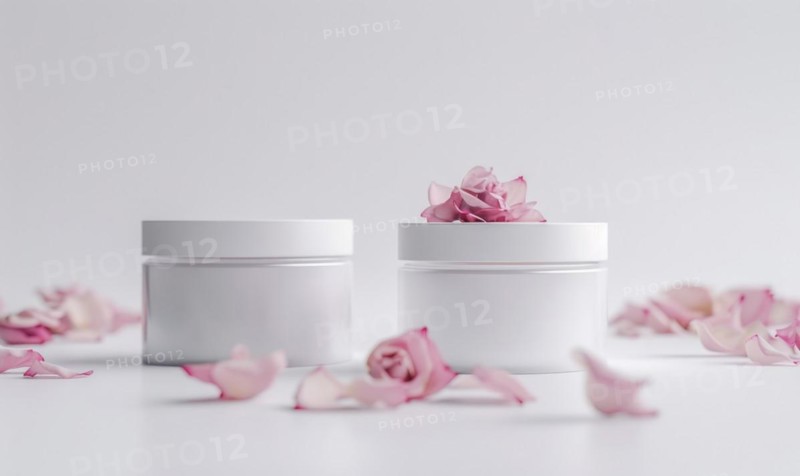 Two creme jar blank mockups adorned with delicate flower petals AI generated