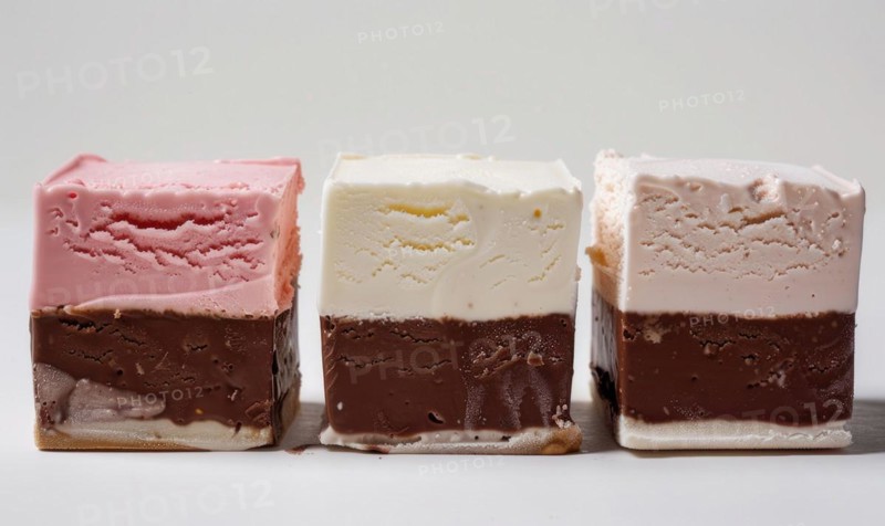Three-color ice cream slices on white background AI generated