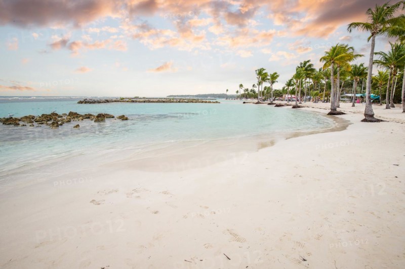 Caribbean dream beach with palm trees, white sandy beach and turquoise-coloured, crystal-clear water in the sea. Shallow bay at sunset. Plage de Sainte Anne, Grande Terre, Guadeloupe, French Antilles, North America