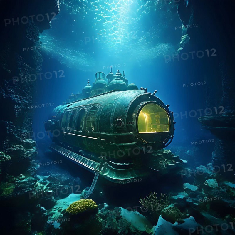 Deep sea submersible bathed in artificial light navigates through murky waters, AI generated, deep sea, fish, squid, bioluminescent, glowing, light, water, ocean