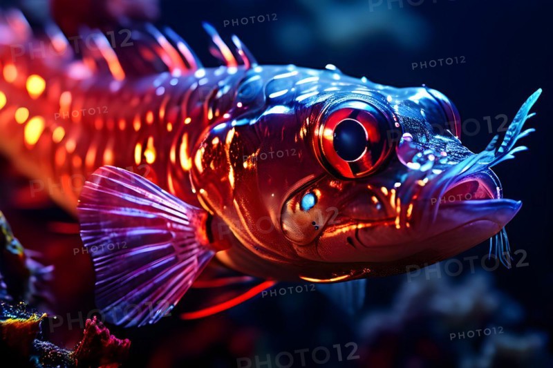 Viperfish swimming in deep ocean depths with bioluminescent spots emanating a ghostly luminescence, AI generated