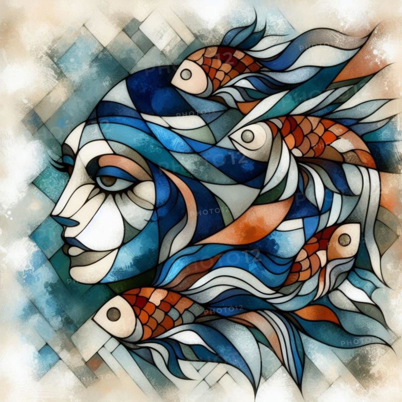 Serene abstract with a woman's face and fish in a geometric watercolor design, square aspect, AI generated
