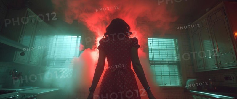Silhouette of a woman in a polka dot dress standing in a dim kitchen with red light, creepy mood, AI generated