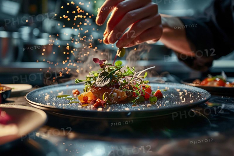 A chef garnishes a dish with microgreens, with dynamic sparks flying around, AI generated