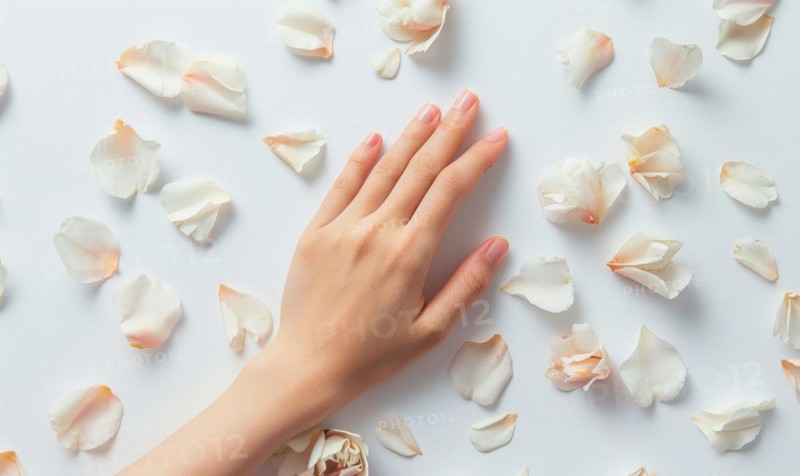 Woman's hand on white background with flower petals around AI generated