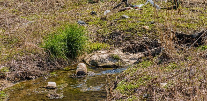 Grass tuft by a small stream littered with trash highlighting pollution, in South Korea