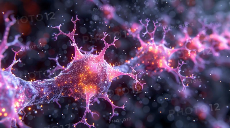 Artistic 3D representation of neurons communicating in the brain using ketones for energy consumption, AI generated