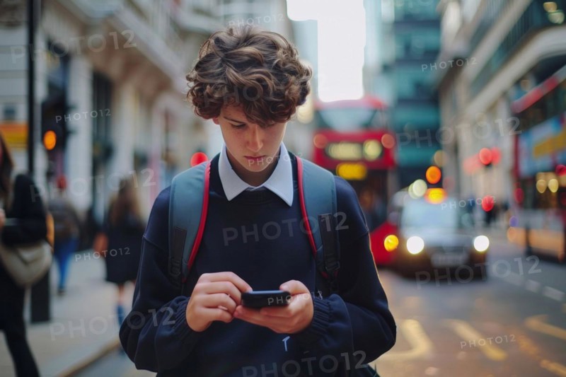 Pupil looking at his smartphone on a busy street in London City, symbolic image for accident risk on the way to school due to media distraction, AI generated, AI generated, AI generated