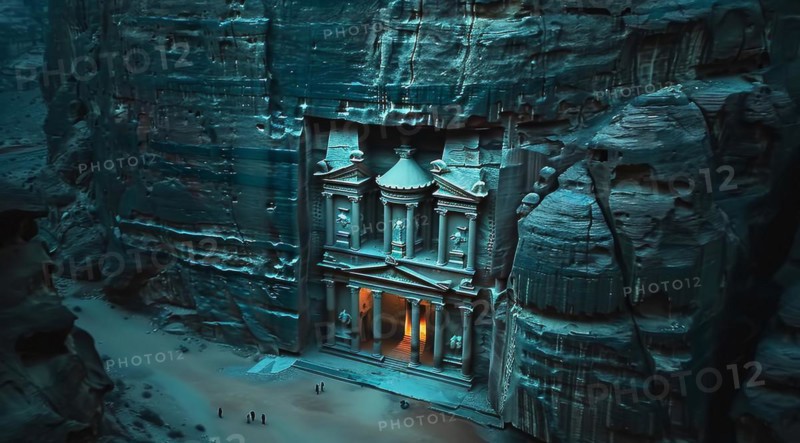 An ancient sandstone facade of Al-Khazneh, the Treasury in Petra, Jordan, at dusk, ai generated, AI generated, Asia