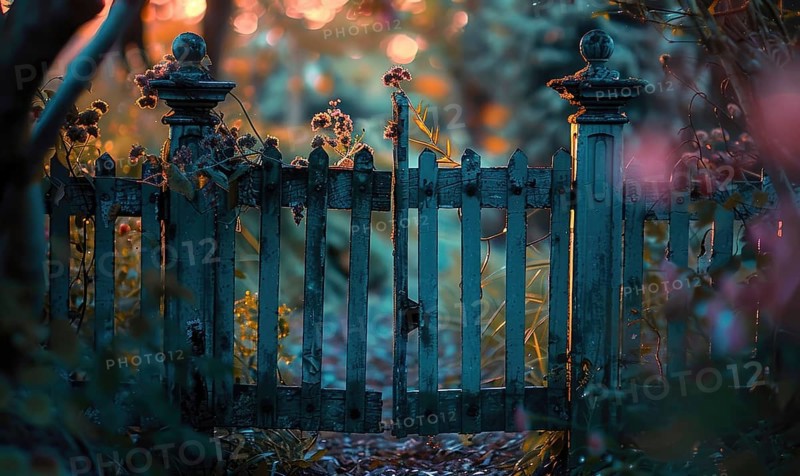 A dreamy, ornamental gate stands open during the enchanting blue hour AI generated
