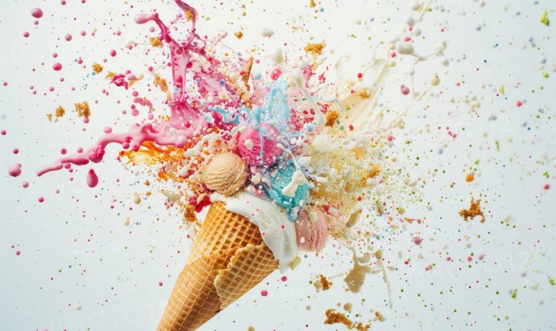 Ice cream cone explosion on white background AI generated
