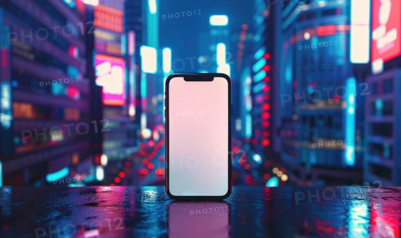 Smartphone mockup with a blank screen on a vibrant cityscape background AI generated