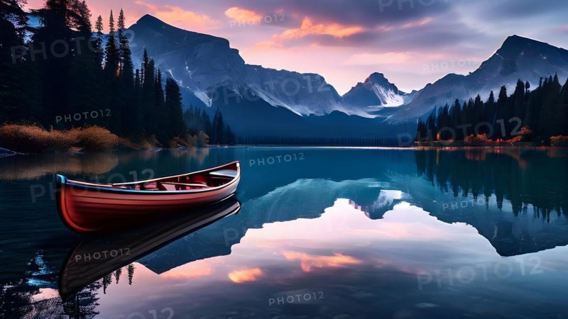 Canoe lies tranquilly atop a mirror like lake surface with sunrise gently kissing the sky, AI generated