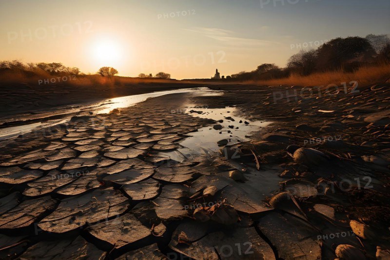 Dry riverbed with scattered dead fish under a harsh afternoon sun illustrating water scarcity, AI generated