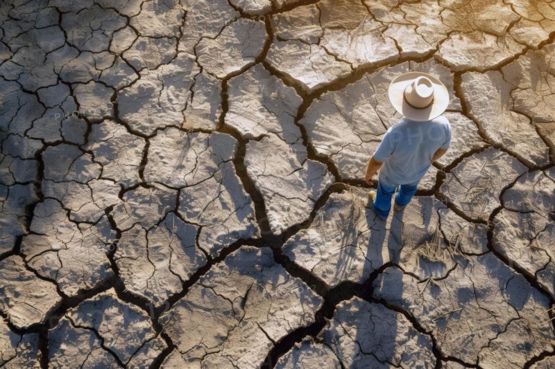 A farmer stands on a parched, cracked earth surface, due to lack of water, drought, extreme weather, symbolic image for climate crisis, climate change, global warming, crop failure, crop failure, AI generated, AI generated, AI generate, AI generated