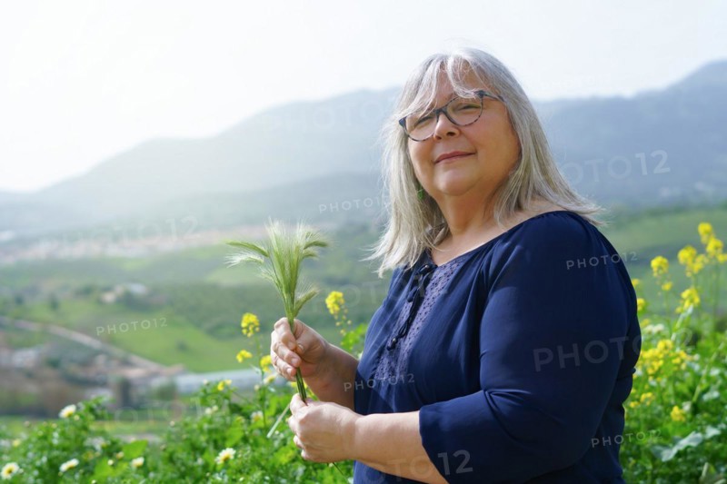 Older white-haired woman in the field with ears of barley in her hands with mountain scenery in the background