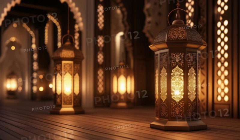 A single illuminated lantern stands out on a wooden boardwalk with decorative arches, ai generated, AI generated