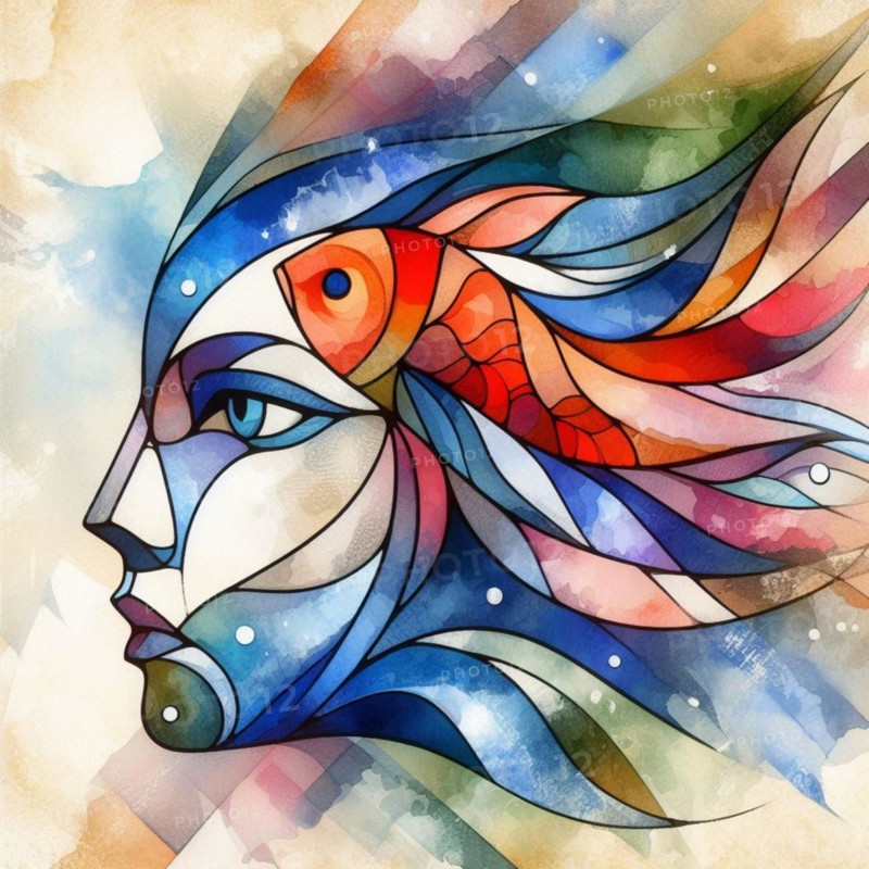 Dynamic abstract cubist profile of a woman with fish and flowing lines in watercolor style, square aspect, AI generated
