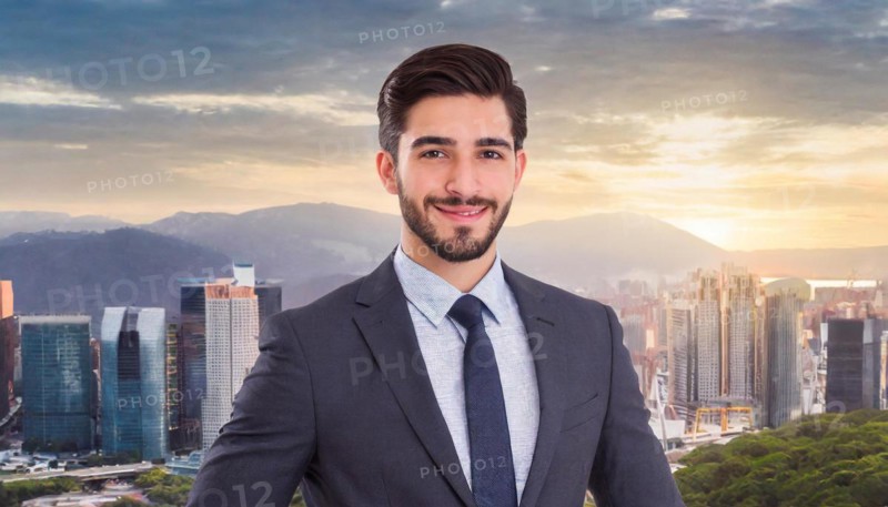 Professional businessman in front of city skyline conveys an image of success and self-confidence, symbol office, AI generated, AI generated