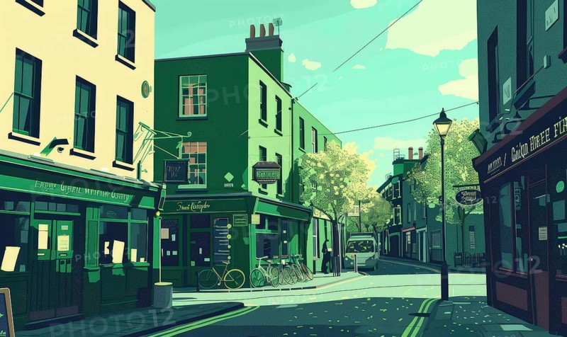 Green toned illustration of the street in small city AI generated