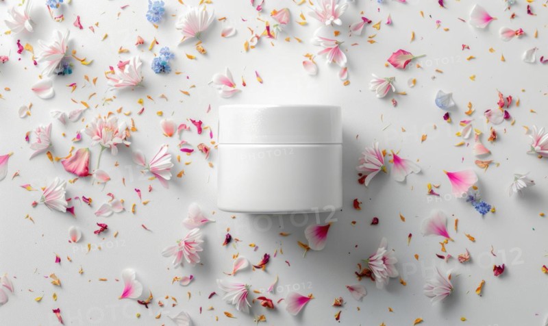 Blank creme jar mockup with scattered flower petals on a white background, beauty in nature AI generated