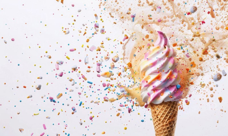 Ice cream cone explosion on white background AI generated