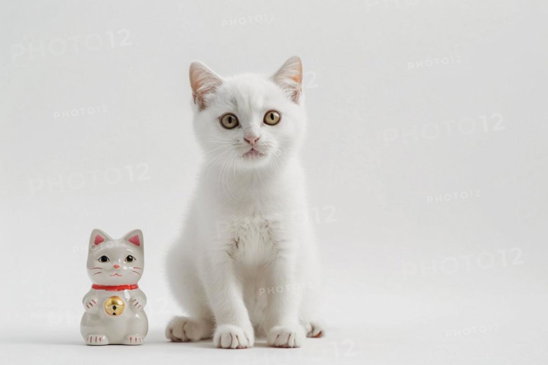 Cute white cat with Japanese Maneki Neko lucky cat figurine. KI generiert, generiert, AI generated