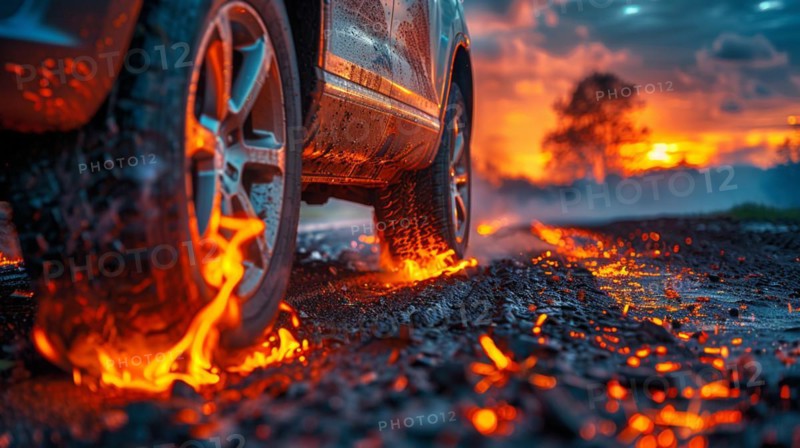 Car tire with dramatic sparks and fire under a dark, ominous sky, low ultra wide angle, AI generated