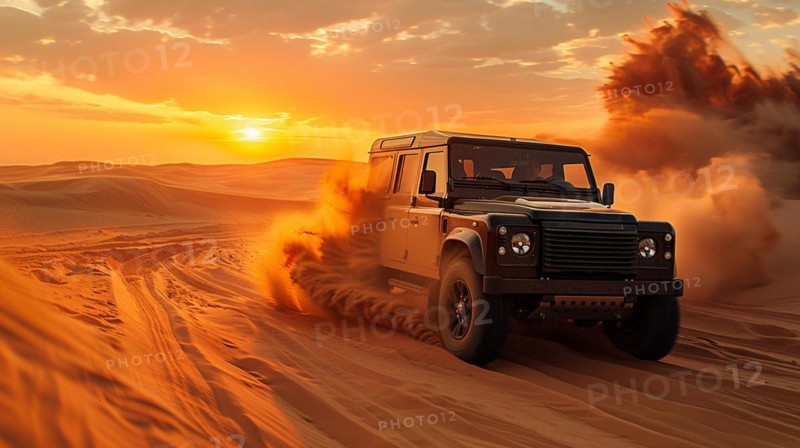 A rugged SUV kicking up dust trails as it speeds through a desert landscape at sunset, AI generated